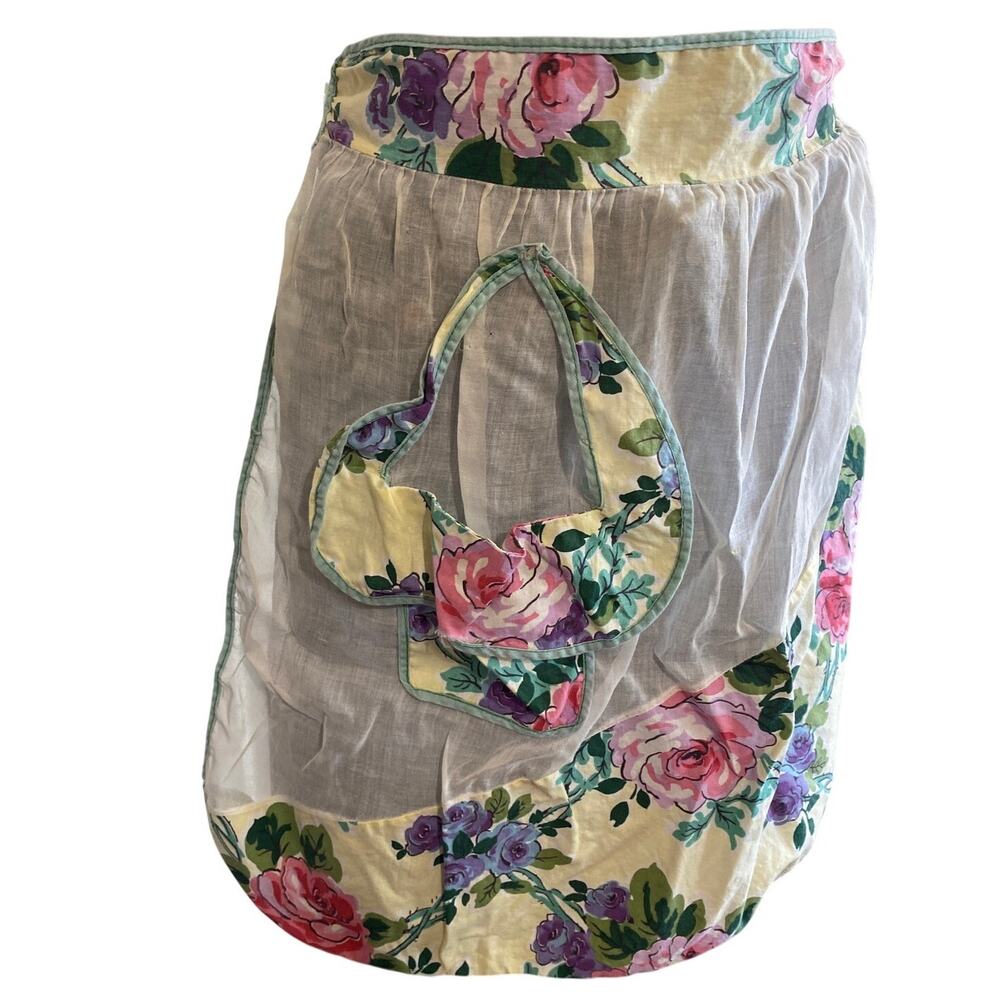 Vintage 40s 50s Novelty Half Apron Organdy Hanging Flower Pot Pocket